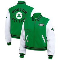 Women's WEAR by Erin Andrews Kelly Green/White Boston Celtics Cropped Varsity Full-Zip Jacket