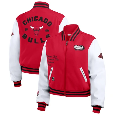 Women's WEAR by Erin Andrews Red/White Chicago Bulls Cropped Varsity Full-Zip Jacket