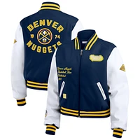 Women's WEAR by Erin Andrews Navy/White Denver Nuggets Cropped Varsity Full-Zip Jacket