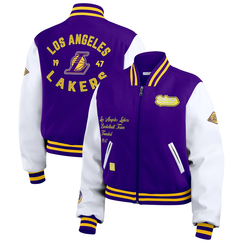 Women's WEAR by Erin Andrews Purple/White Los Angeles Lakers Cropped Varsity Full-Zip Jacket