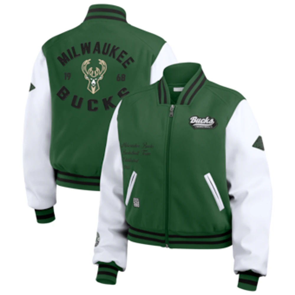 Women's WEAR by Erin Andrews Hunter Green/White Milwaukee Bucks Cropped Varsity Full-Zip Jacket