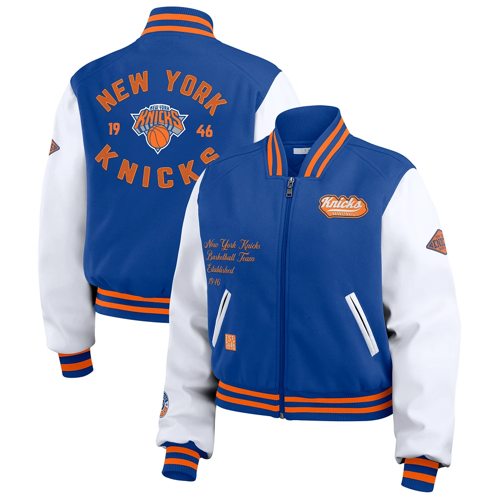 Women's WEAR by Erin Andrews Blue/White New York Knicks Cropped Varsity Full-Zip Jacket