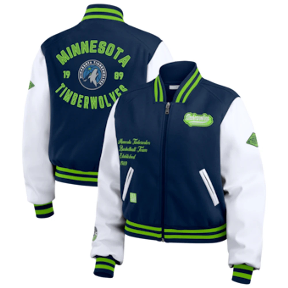 Women's WEAR by Erin Andrews Navy/White Minnesota Timberwolves Cropped Varsity Full-Zip Jacket