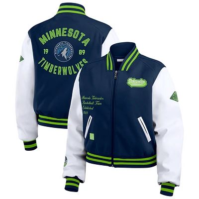 Women's WEAR by Erin Andrews Navy/White Minnesota Timberwolves Cropped Varsity Full-Zip Jacket