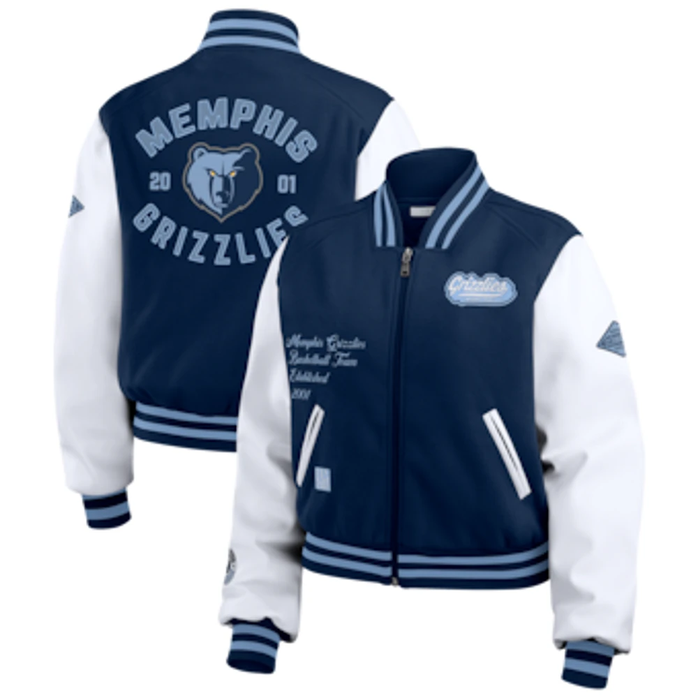 Women's WEAR by Erin Andrews Navy/White Memphis Grizzlies Cropped Varsity Full-Zip Jacket