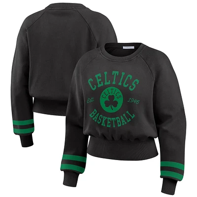 Women's WEAR by Erin Andrews Black Boston Celtics Vintage Raglan Cropped Pullover Sweatshirt