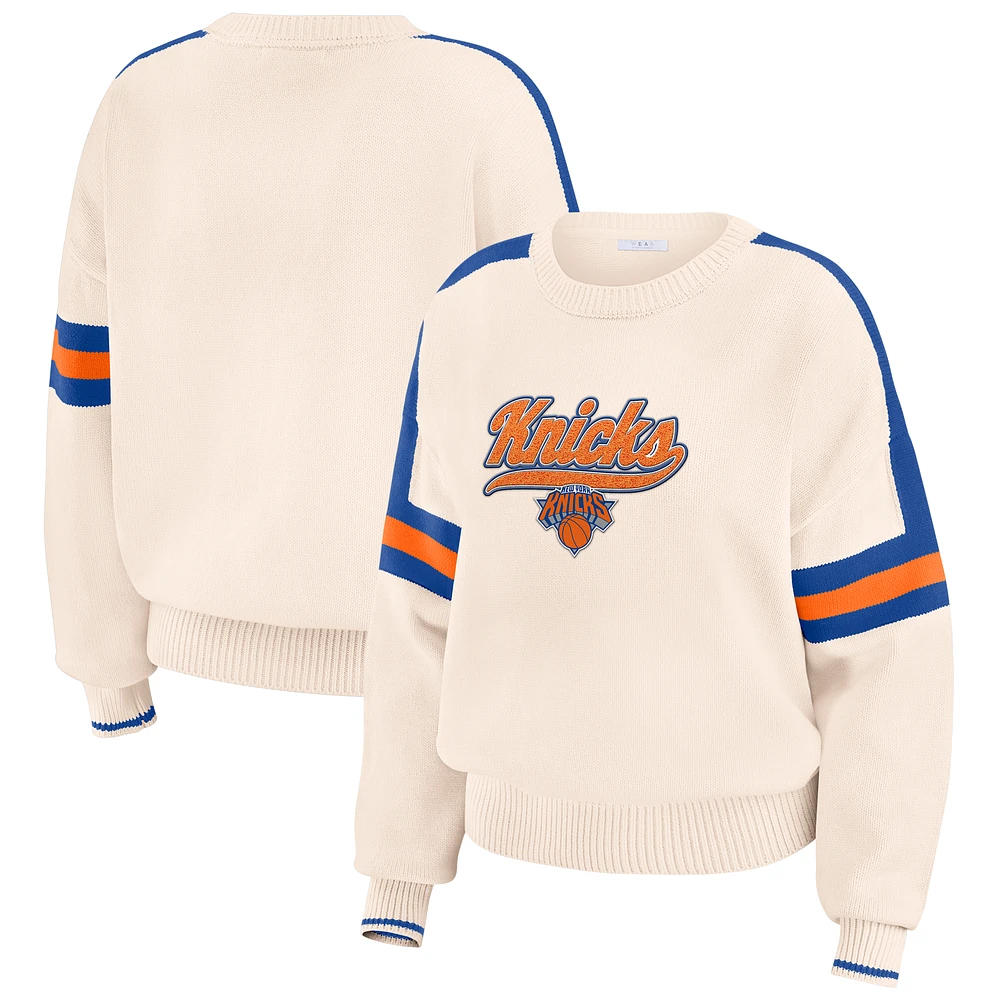 Women's WEAR by Erin Andrews  Cream New York Knicks Stripe Pullover Sweater