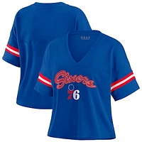 Women's WEAR by Erin Andrews Royal Philadelphia 76ers Color Block Boxy V-Neck T-Shirt