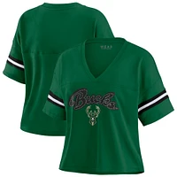 Women's WEAR by Erin Andrews Hunter Green Milwaukee Bucks Color Block Boxy V-Neck T-Shirt