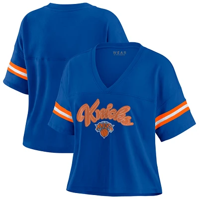 Women's WEAR by Erin Andrews Blue New York Knicks Plus Color Block Boxy V-Neck T-Shirt