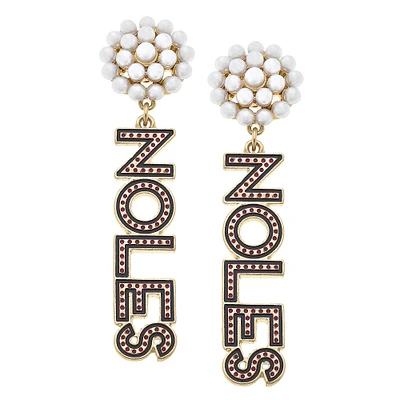 Women' CANVAS Style Florida State Seminoles Pearl Cluster Dotted Enamel Drop Earrings