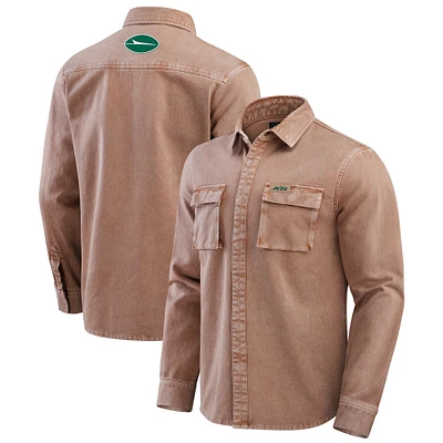 Men's Darius Rucker Collection by Fanatics Brown New York Jets Garment Dyed Long Sleeve Full Snap Shirt