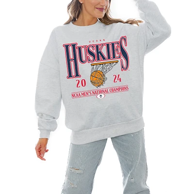 Women's Gameday Couture  Gray UConn Huskies 2024 NCAA Men's Basketball National Champions Premium Fleece Drop Shoulder Pullover Sweatshirt