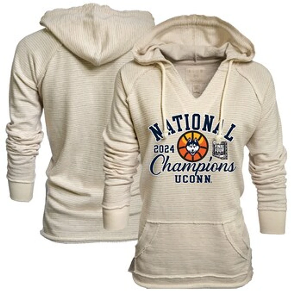 Women's Blue 84  Cream UConn Huskies 2024 NCAA Men's Basketball National Champions Striped French Terry V-Neck Pullover Hoodie