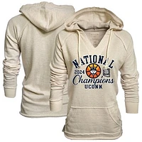 Women's Blue 84  Cream UConn Huskies 2024 NCAA Men's Basketball National Champions Striped French Terry V-Neck Pullover Hoodie