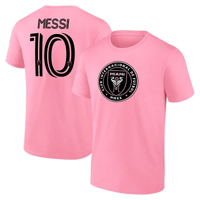 Men's Fanatics Lionel Messi Pink Inter Miami CF Authentic Stack Name & Number T-Shirt