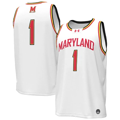 Men's Under Armour #1 White Maryland Terrapins Replica Basketball Jersey