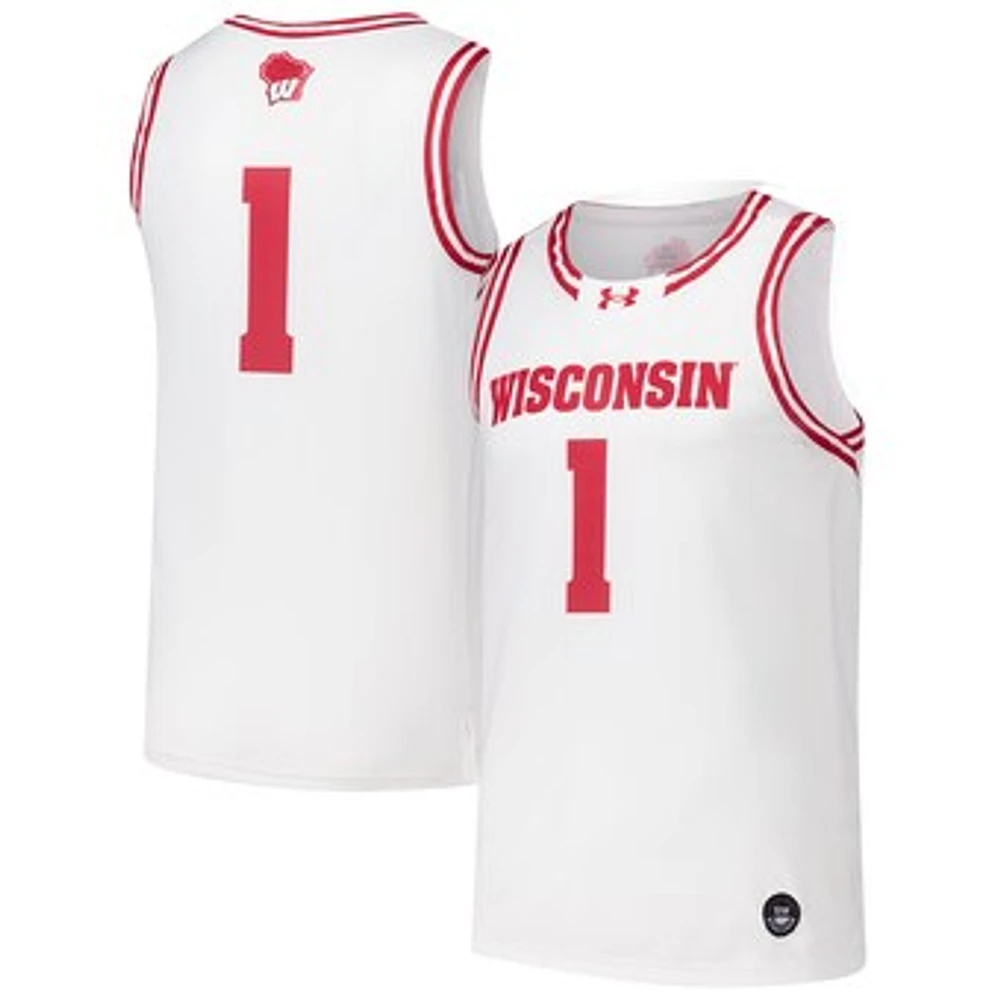 Men's Under Armour #1 White Wisconsin Badgers Replica Basketball Jersey