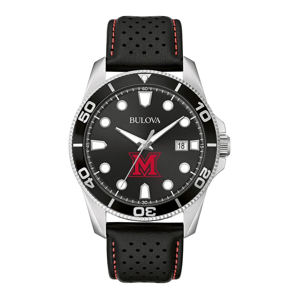 Men's Bulova Black Miami University RedHawks Corporate Collection Leather Strap Watch