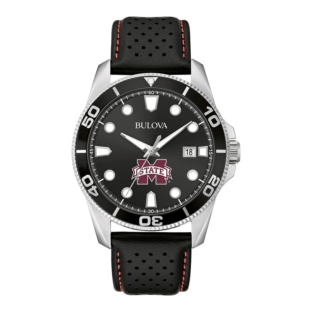 Men's Bulova Black Mississippi State Bulldogs Corporate Collection Leather Strap Watch