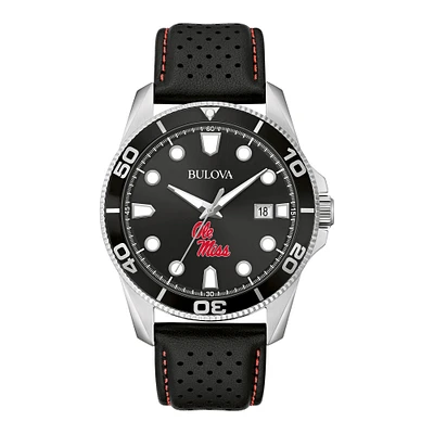 Men's Bulova Black Ole Miss Rebels Corporate Collection Leather Strap Watch