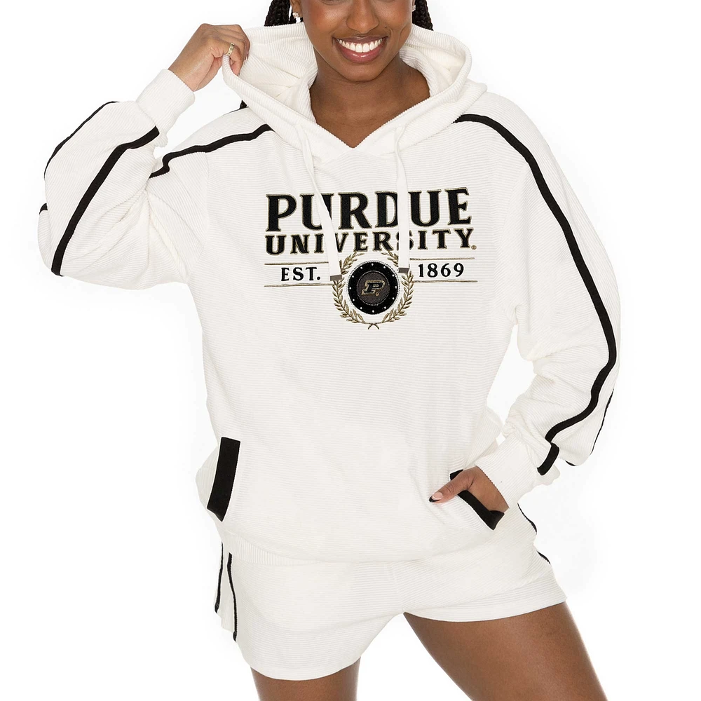 Women's Gameday Couture Cream Purdue Boilermakers Down, Set, Go Pullover Hoodie and Shorts Set