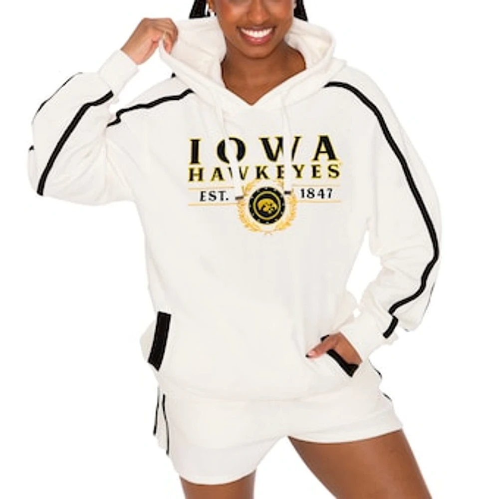 Women's Gameday Couture Cream Iowa Hawkeyes Down, Set, Go Pullover Hoodie and Shorts Set