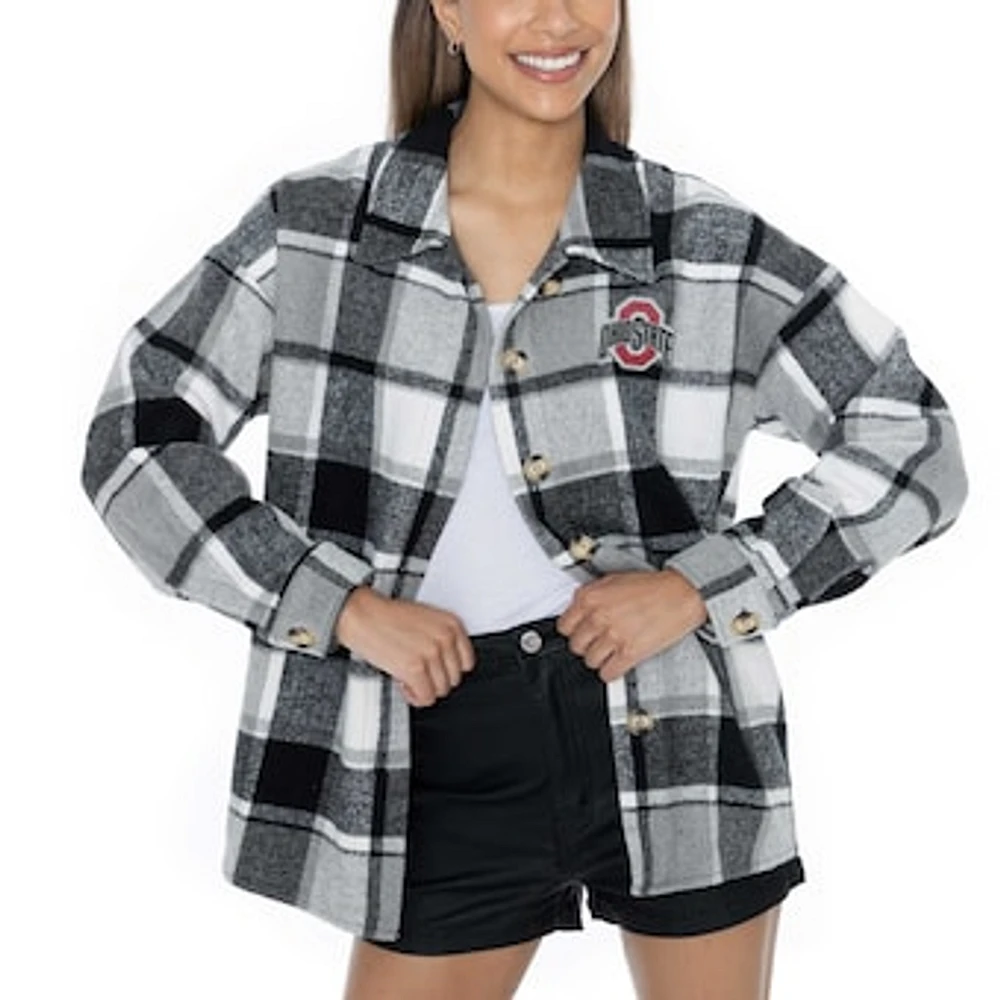 Women's Gameday Couture Gray Ohio State Buckeyes End Zone Game Flannel Button-Up Shirt