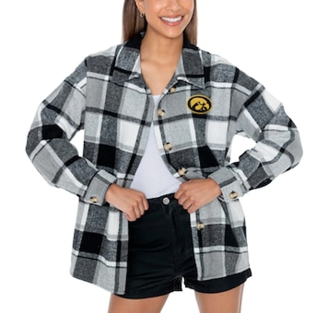 Women's Gameday Couture Gray Iowa Hawkeyes End Zone Game Flannel Button-Up Shirt