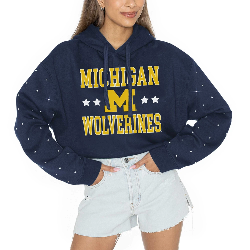 Women's Gameday Couture Navy Michigan Wolverines Can't Lose Rhinestone Cropped Pullover Hoodie