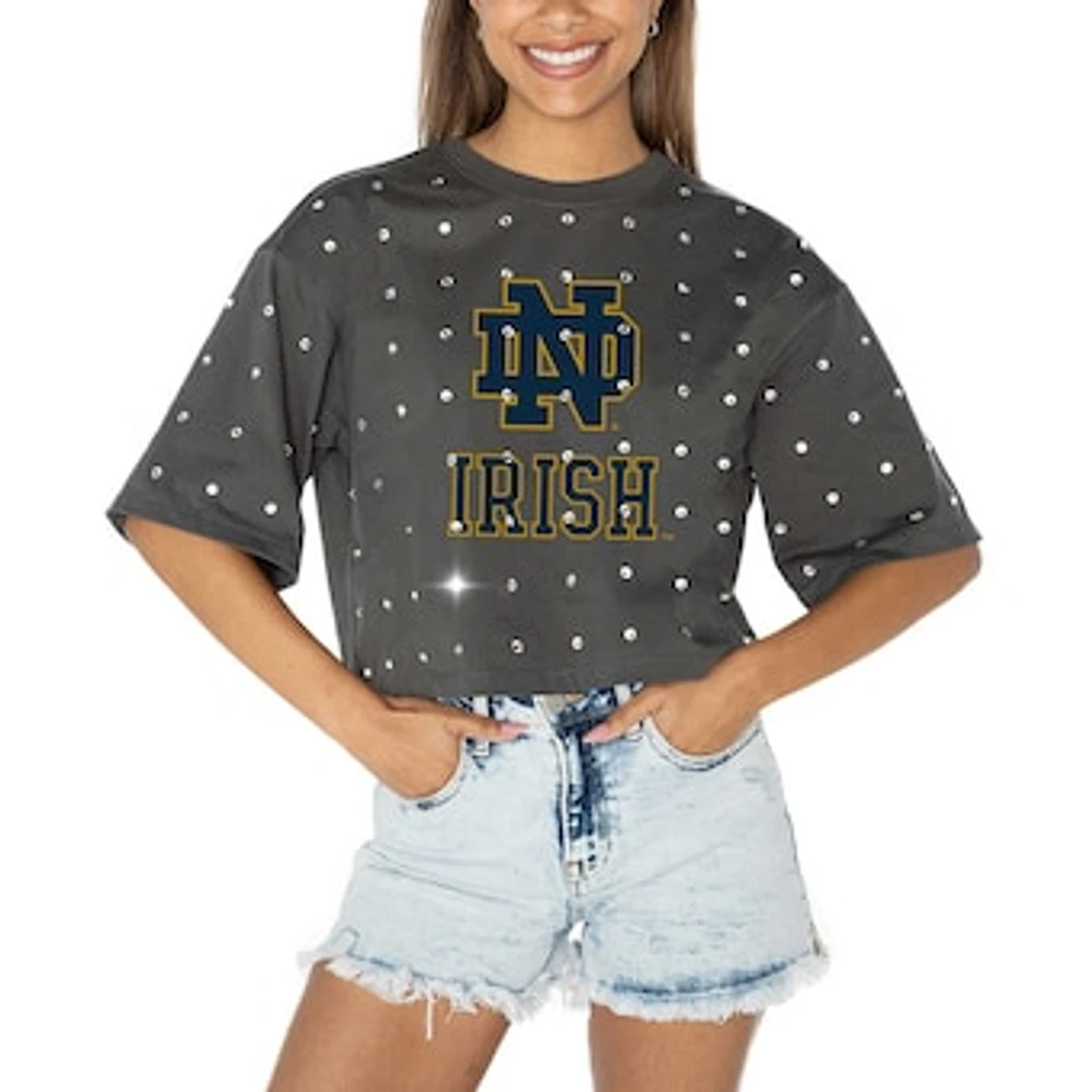 Women's Gameday Couture Gray Notre Dame Fighting Irish Go Time Rhinestone Crop T-Shirt