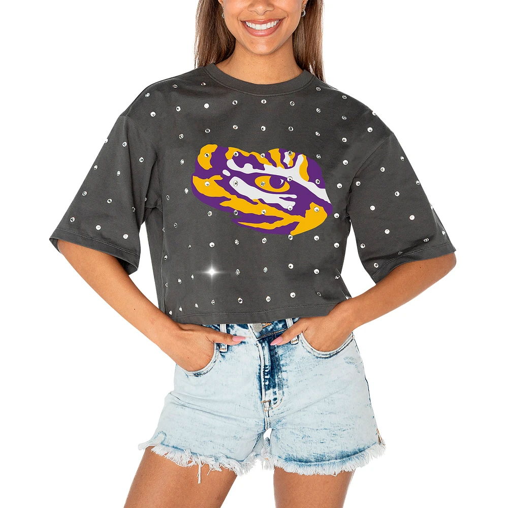 Women's Gameday Couture Gray LSU Tigers Go Time Rhinestone Crop T-Shirt