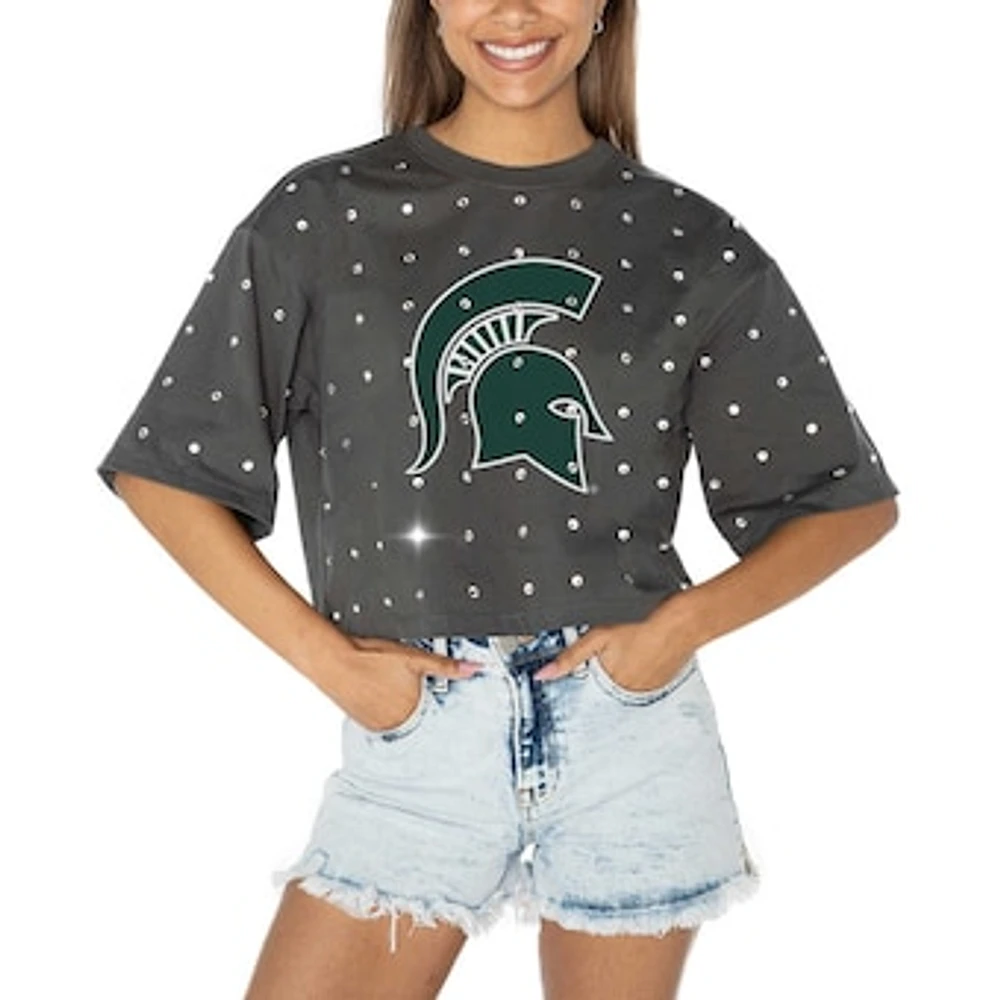 Women's Gameday Couture Gray Michigan State Spartans Go Time Rhinestone Crop T-Shirt