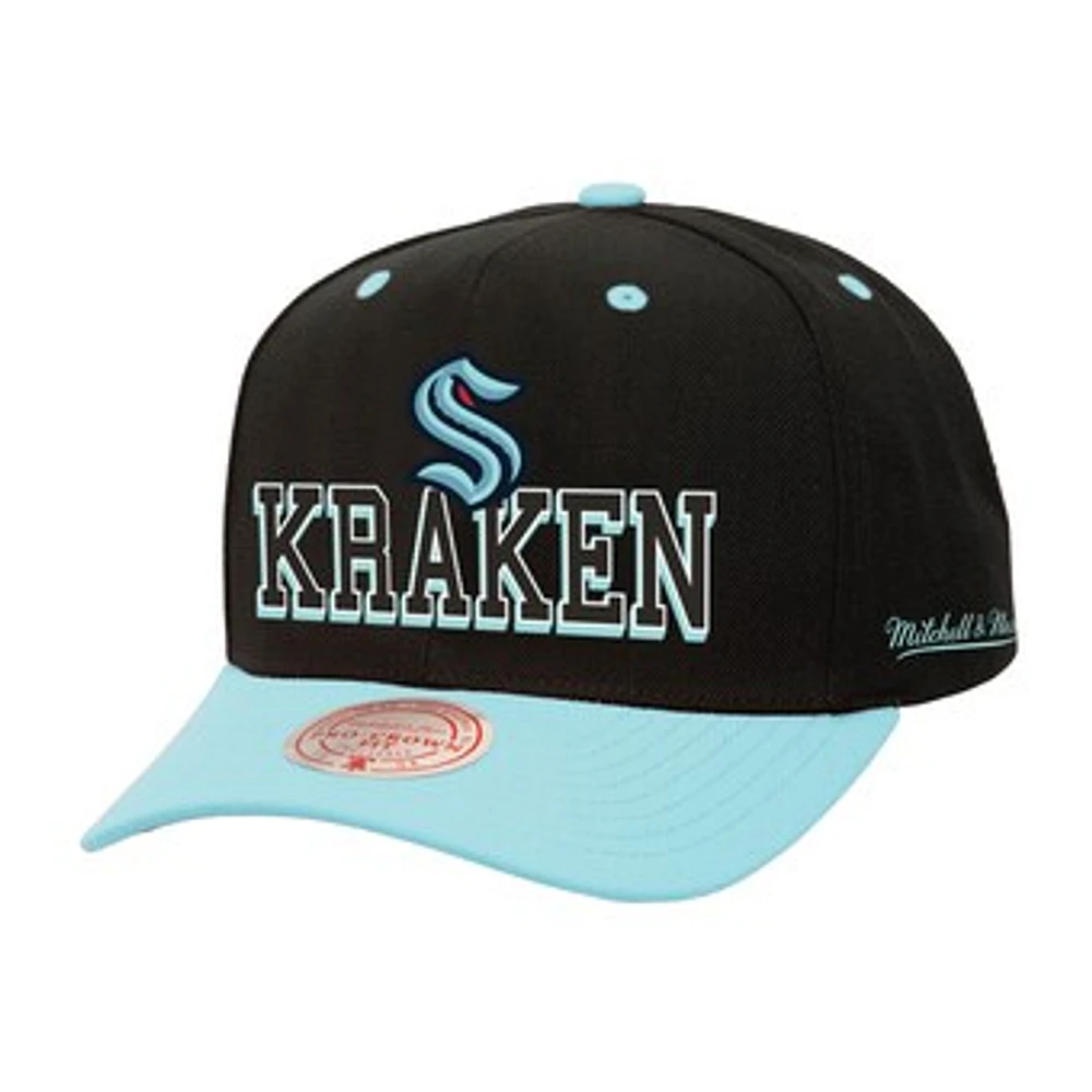 Men's Mitchell & Ness Black/Light Blue Seattle Kraken Backside Script Two-Tone Pro Crown Adjustable Hat