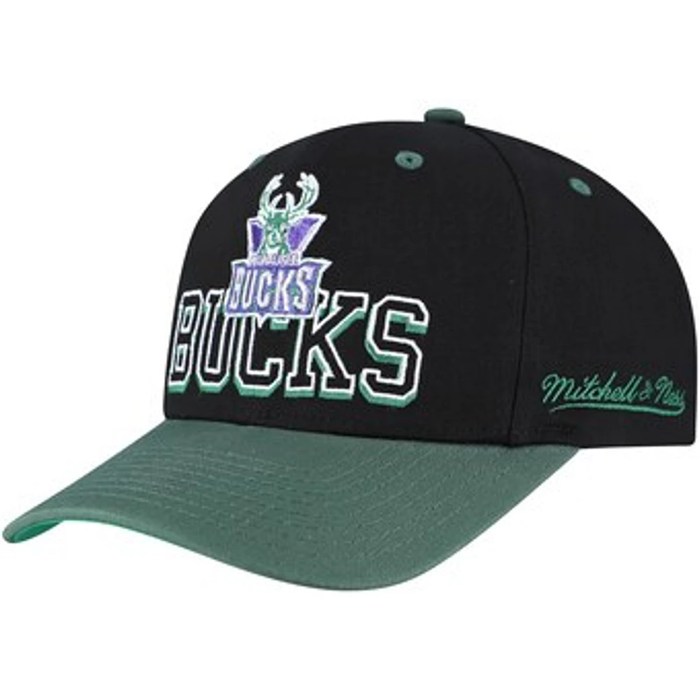 Men's Mitchell & Ness Black/Hunter Green Milwaukee Bucks Backside Script Two-Tone Pro Crown Adjustable Hat