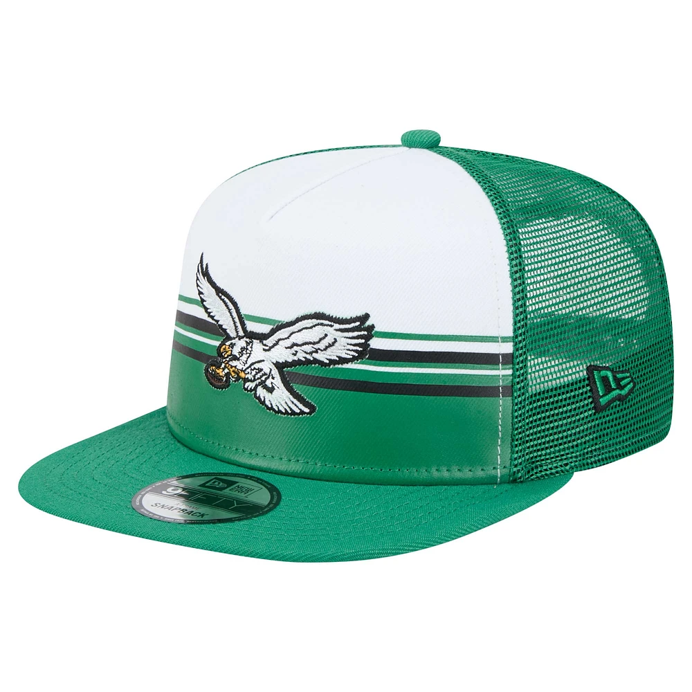 Men's New Era White/Kelly Green Philadelphia Eagles Historic Striped 9FIFTY A-Frame Trucker Snapback Hat