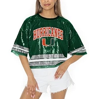 Women's Gameday Couture Green Miami Hurricanes Sequin Striped Cropped Fashion Jersey T-Shirt