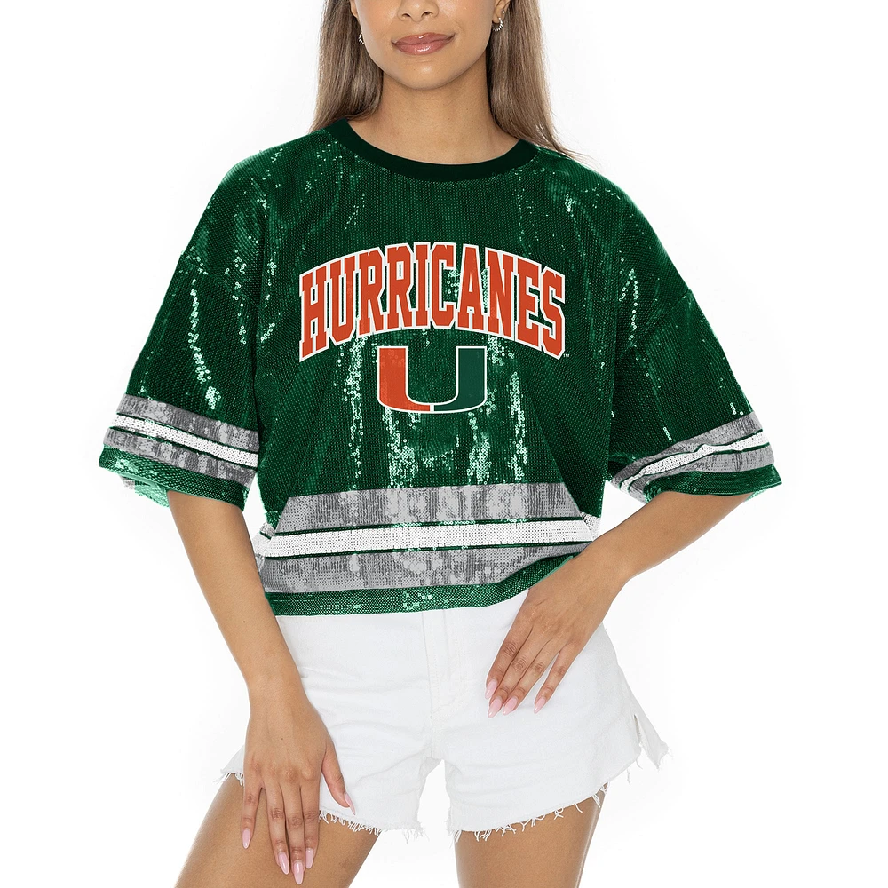 Women's Gameday Couture Green Miami Hurricanes Sequin Striped Cropped Fashion Jersey T-Shirt