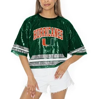 Women's Gameday Couture Green Miami Hurricanes Sequin Striped Cropped Fashion Jersey T-Shirt