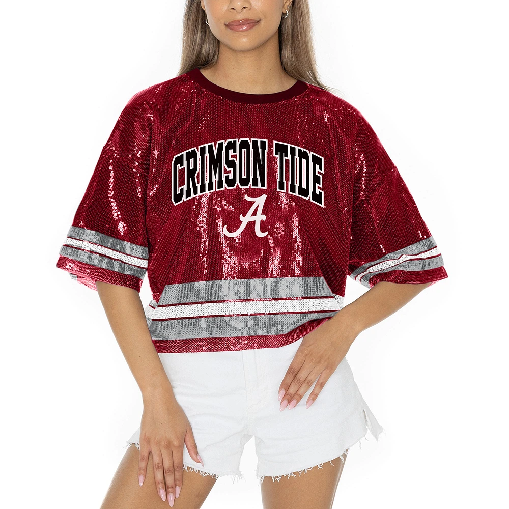 Women's Gameday Couture Crimson Alabama Tide Sequin Striped Cropped Fashion Jersey T-Shirt