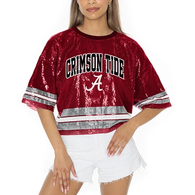 Women's Gameday Couture Crimson Alabama Tide Sequin Striped Cropped Fashion Jersey T-Shirt
