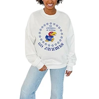 Women's Gameday Couture White Kansas Jayhawks Stars Premium Fleece Drop Pullover Sweatshirt