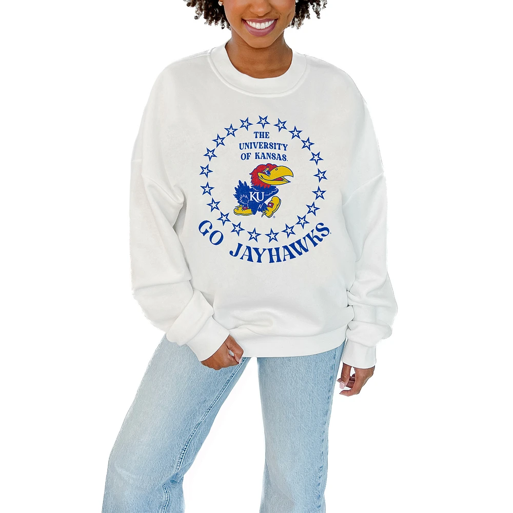 Women's Gameday Couture White Kansas Jayhawks Stars Premium Fleece Drop Pullover Sweatshirt