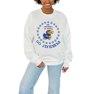 Women's Gameday Couture White Kansas Jayhawks Stars Premium Fleece Drop Pullover Sweatshirt