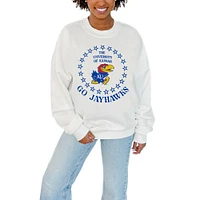 Women's Gameday Couture White Kansas Jayhawks Stars Premium Fleece Drop Pullover Sweatshirt