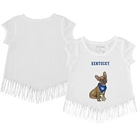 Girls Youth Tiny Turnip White Kentucky Wildcats French Bulldog Fringed T-Shirt