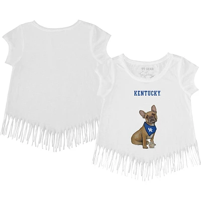 Girls Youth Tiny Turnip White Kentucky Wildcats French Bulldog Fringed T-Shirt