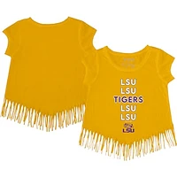Girls Youth Tiny Turnip Gold LSU Tigers Stacked Fringed T-Shirt