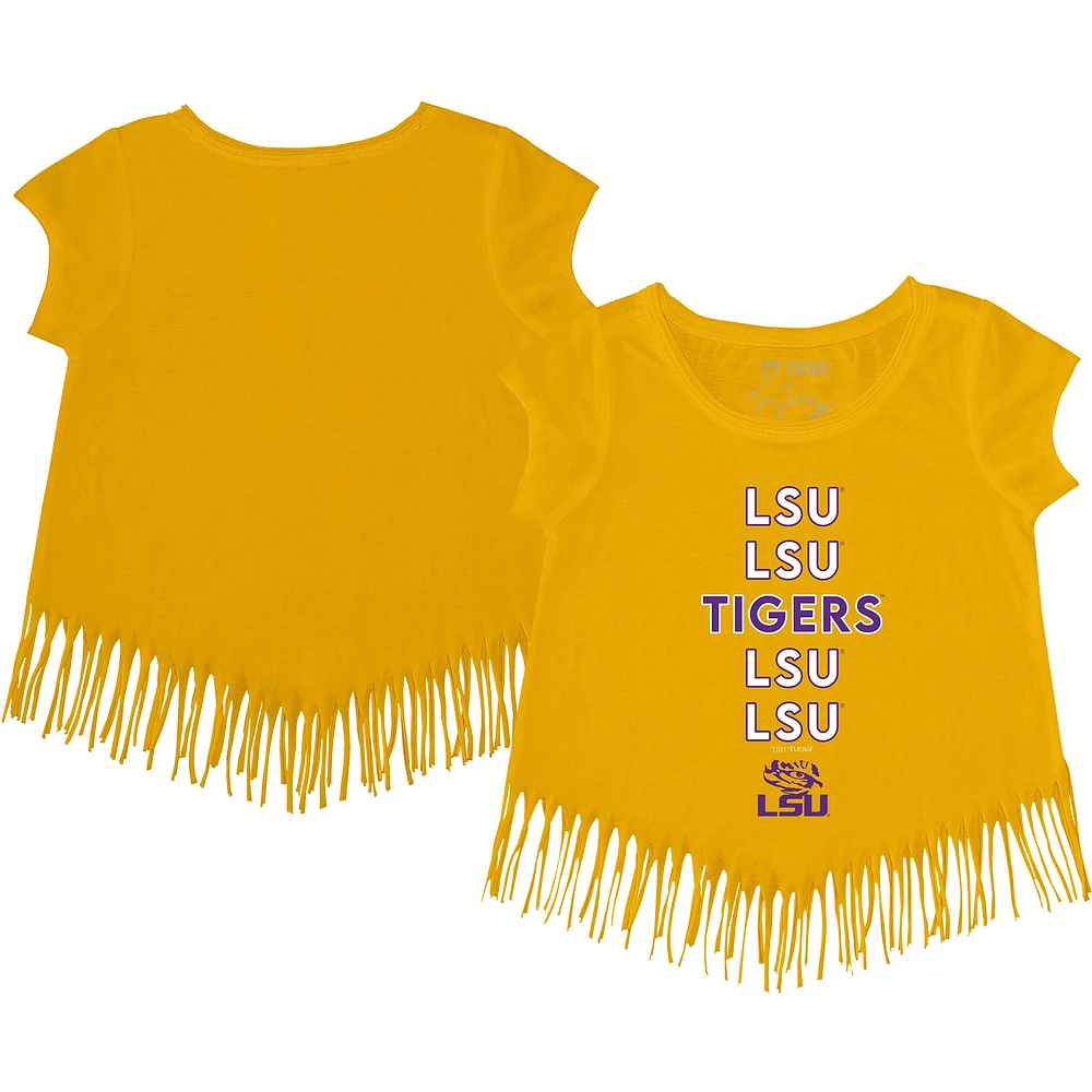Girls Youth Tiny Turnip Gold LSU Tigers Stacked Fringed T-Shirt