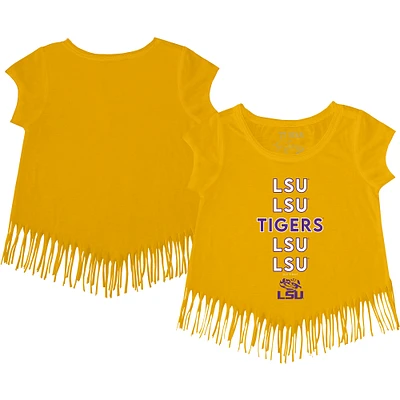 Girls Youth Tiny Turnip Gold LSU Tigers Stacked Fringed T-Shirt